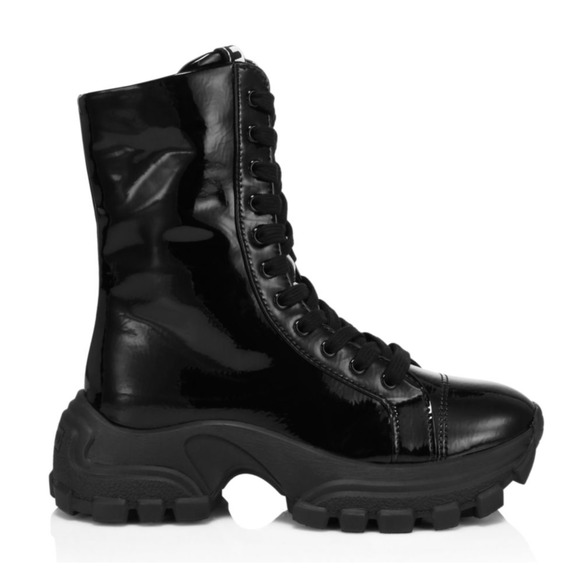 Miu Miu Naplak Tech Black Patent Leather Platform Lace Up Combat Moto Boot 36.5 - Picture 3 of 15
